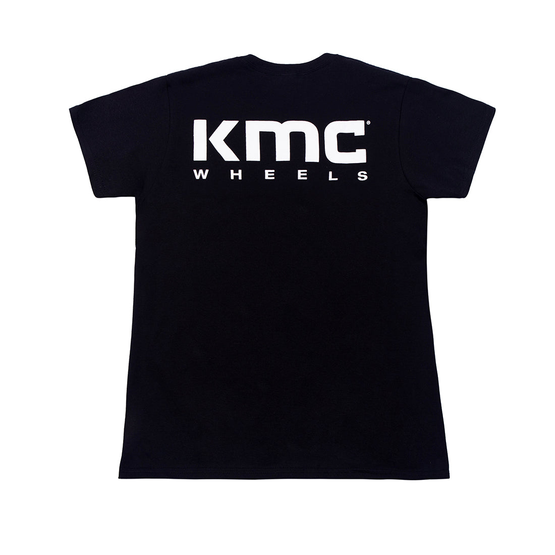 KMC logo women's short sleeve black tee with a stylish back design.