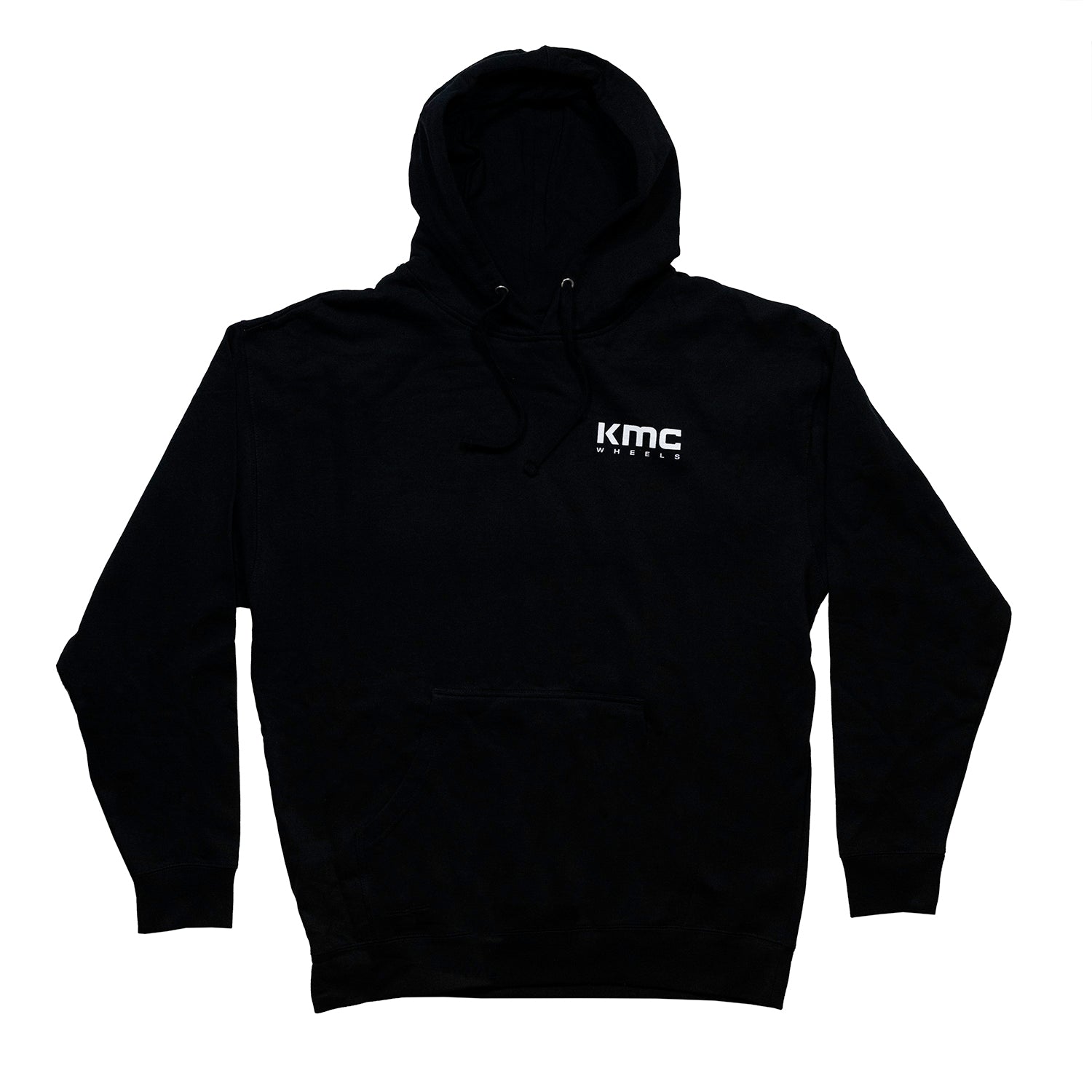 KMC Wheels logo hoodie featuring a black design with a large white KMC logo on the front.