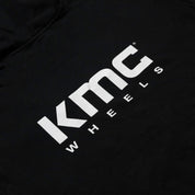 KMC Wheels logo hoodie featuring a black design with a prominent white logo on the chest.