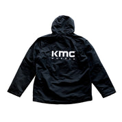 KMC Jacket in dark blue with a modern design, featuring a zippered front and adjustable hoodie.