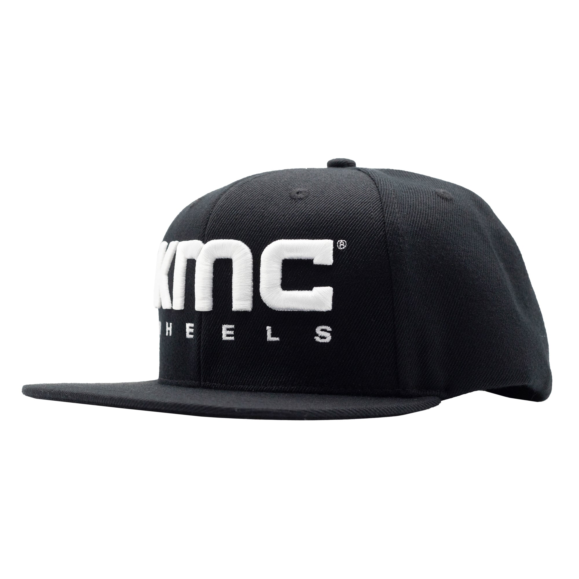 Black KMC LOGO snapback hat featuring a bold embroidered logo on the front and an adjustable closure.