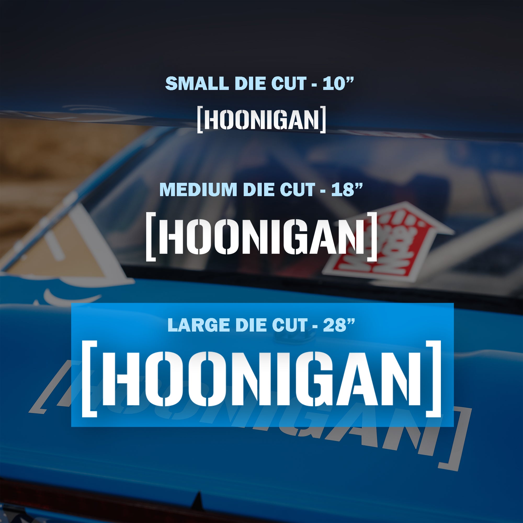 Large 28-inch Hoonigan die-cut censor bar logo sticker on a car, with smaller sizes also available.