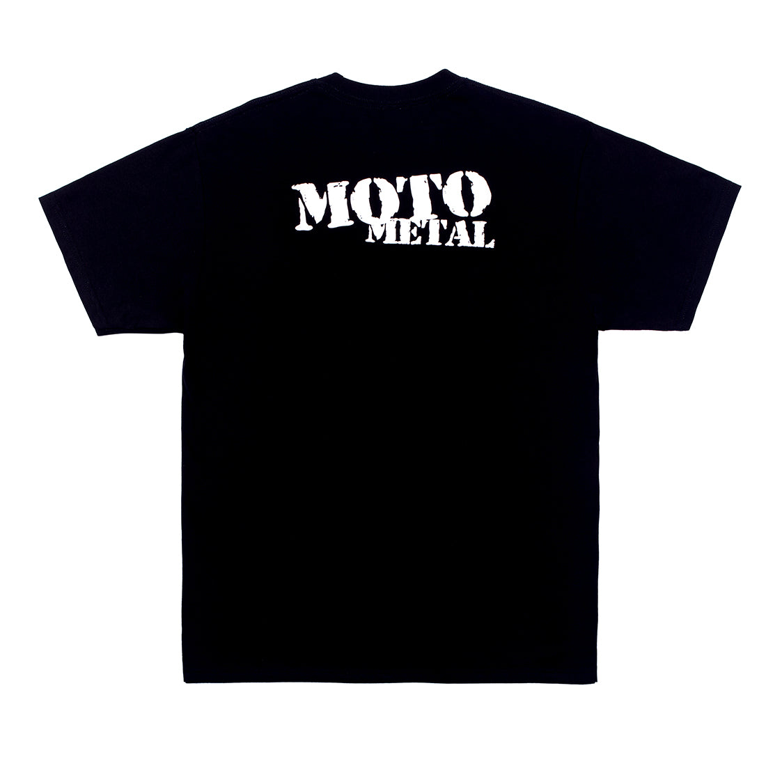 Black short sleeve t-shirt featuring the Moto Metal logo printed on the back.