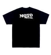 Black short sleeve t-shirt featuring the Moto Metal logo printed on the back.
