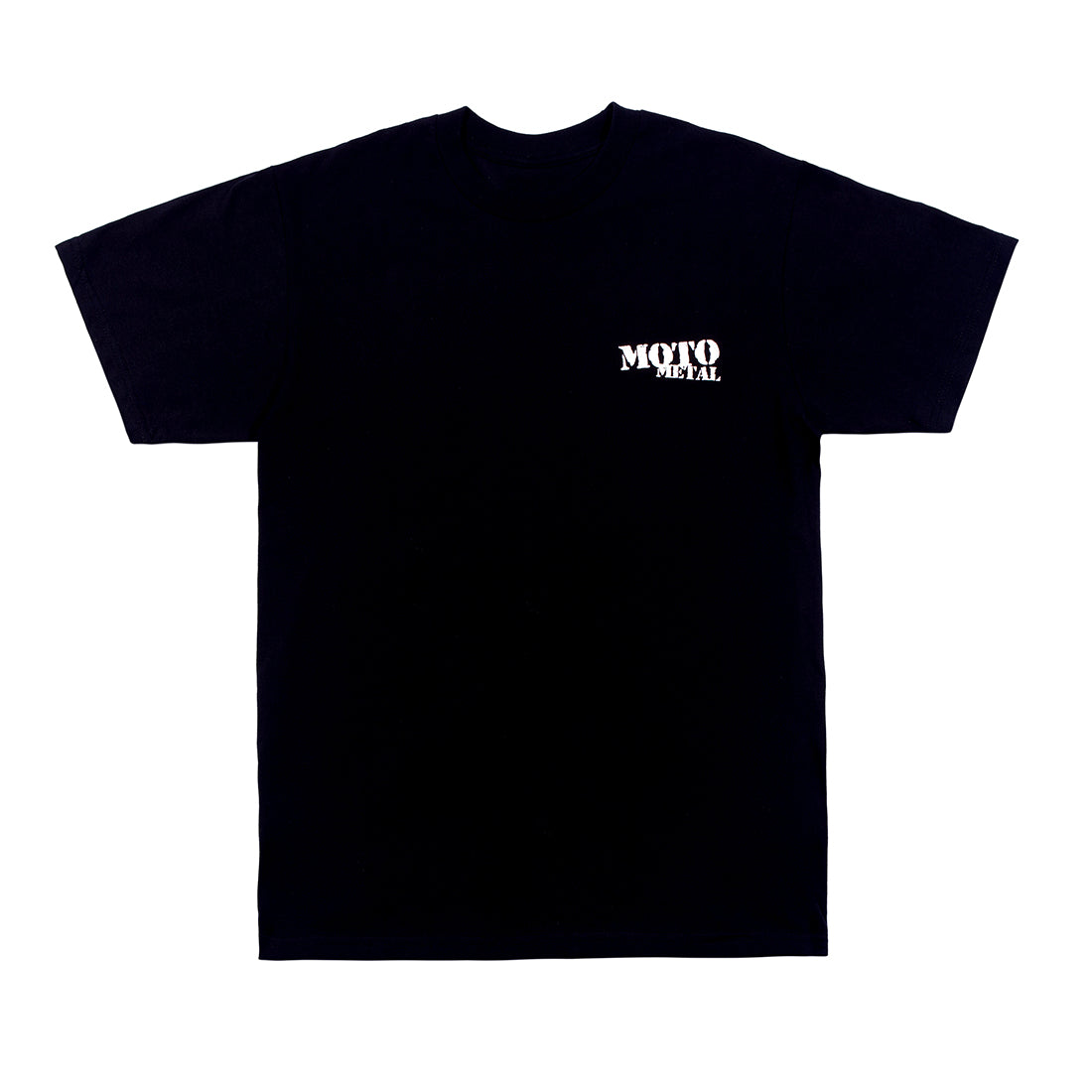 Black short sleeve tee featuring the Moto Metal logo prominently on the front.