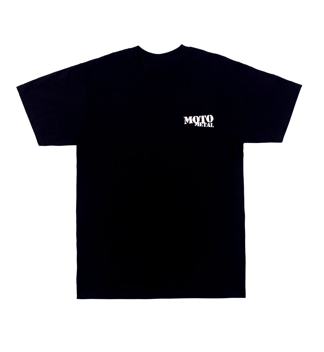 Black short sleeve tee featuring the Moto Metal logo prominently on the front.