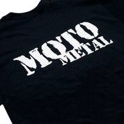 Black Moto Metal LEGACY short sleeve tee with white logo graphic on the front.