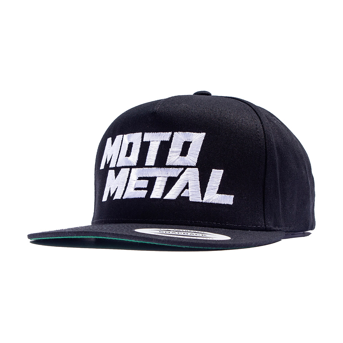 Black Moto Metal snapback hat with logo, featuring a front-angled view.