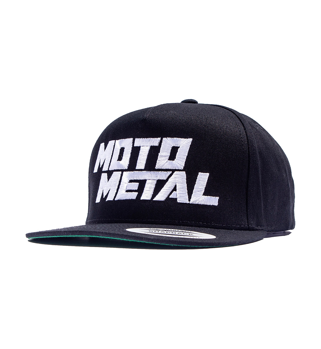 Black Moto Metal snapback hat with logo, featuring a front-angled view.