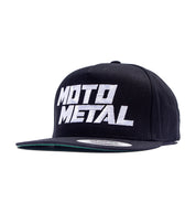 Black Moto Metal snapback hat with logo, featuring a front-angled view.