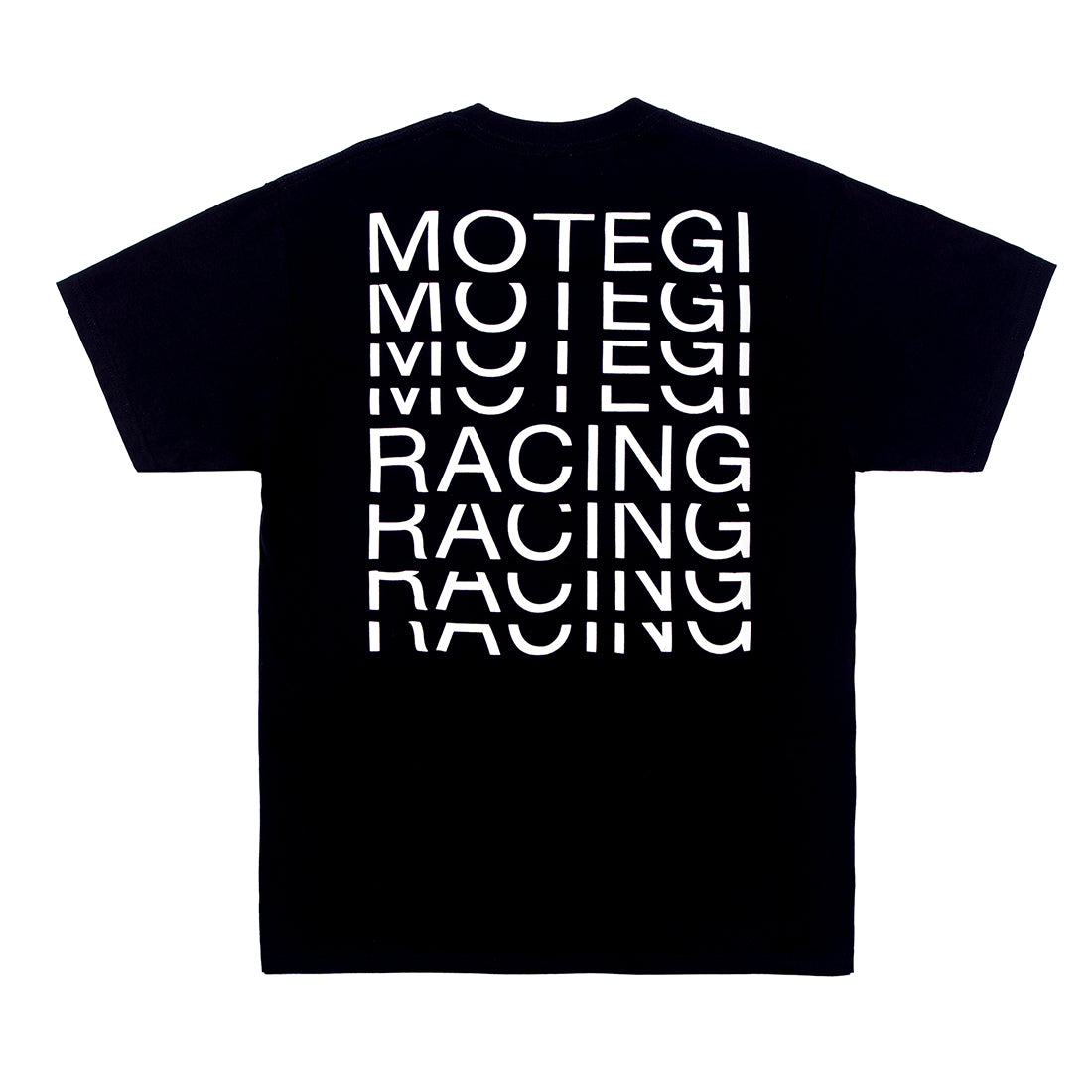 Back view of the Motegi RACE REPEAT Short Sleeve Tee in black, featuring a bold graphic design that emphasizes race-themed imagery.