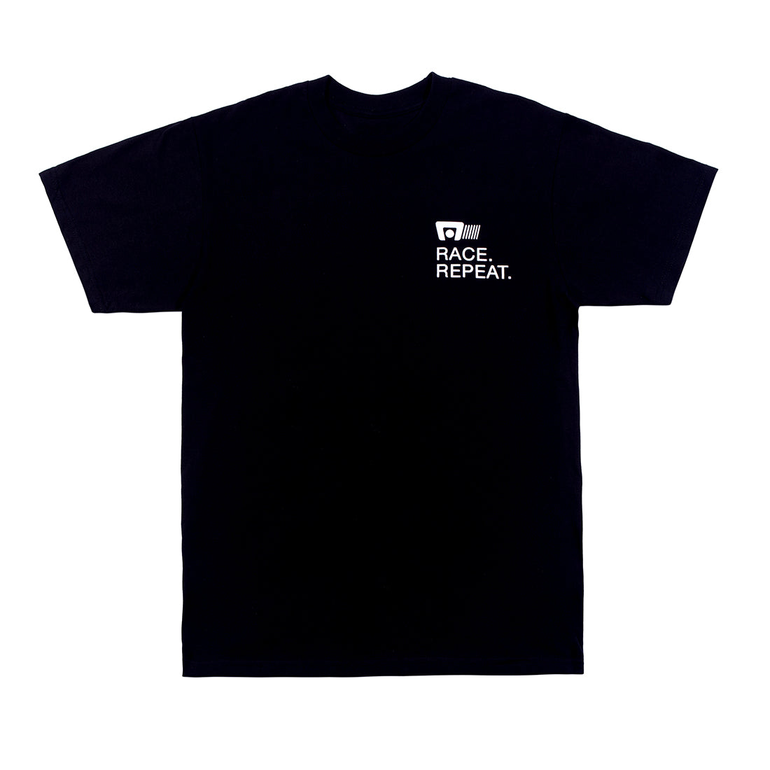 Motegi RACE REPEAT Short Sleeve Tee in black, featuring a bold graphic design on the front.