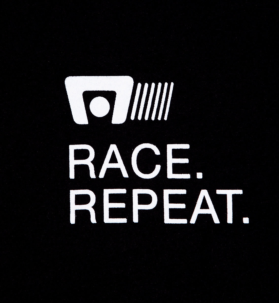 Motegi RACE REPEAT Short Sleeve Tee in black, showcasing front detail with racing-themed graphics.