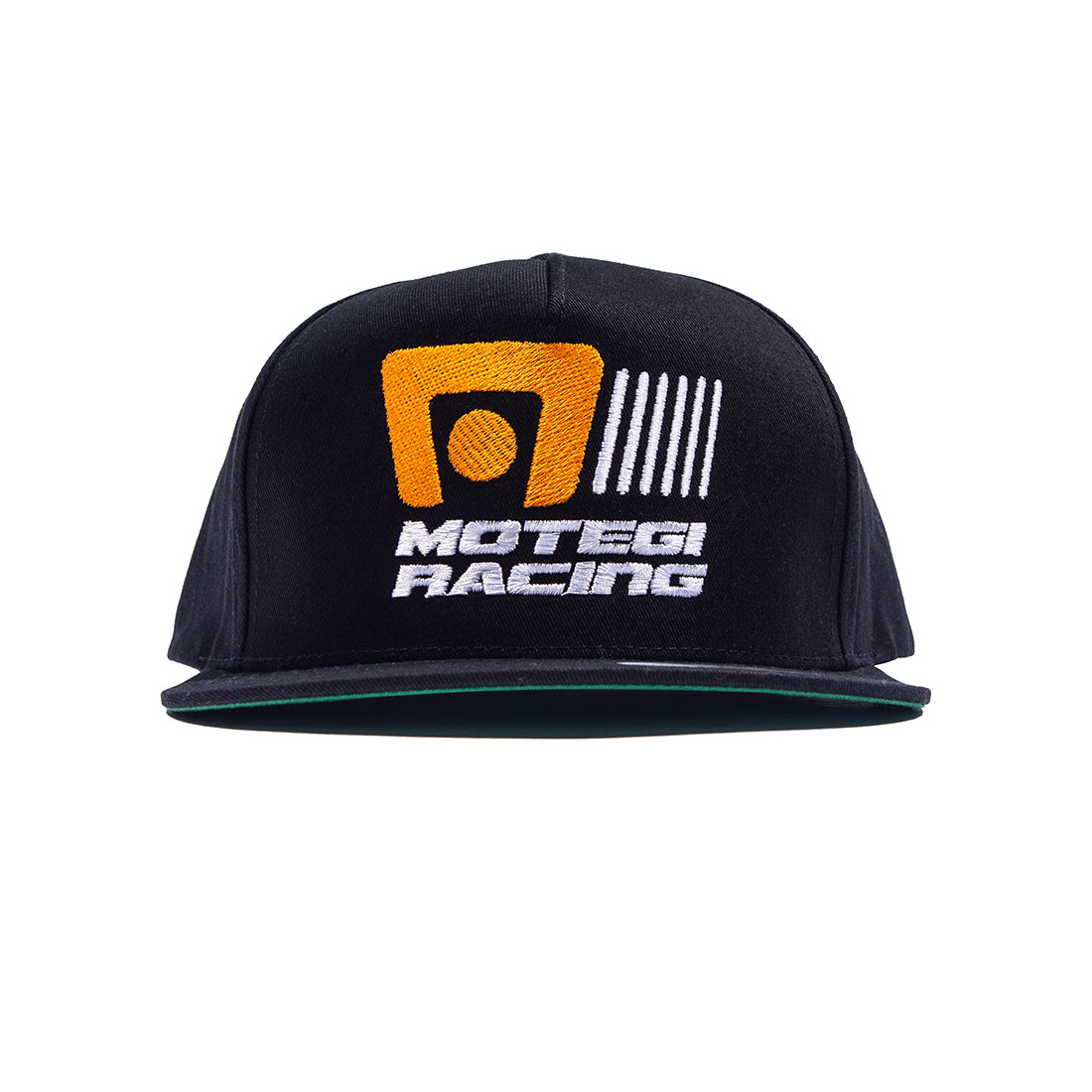 Motegi Racing black snapback hat featuring a structured design and embroidered logo on the front.