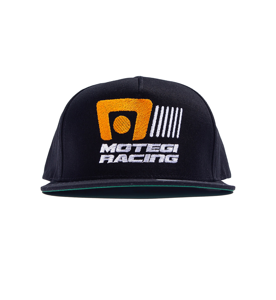 Motegi Racing black snapback hat featuring a structured design and embroidered logo on the front.