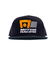 Motegi Racing black snapback hat featuring a structured design and embroidered logo on the front.