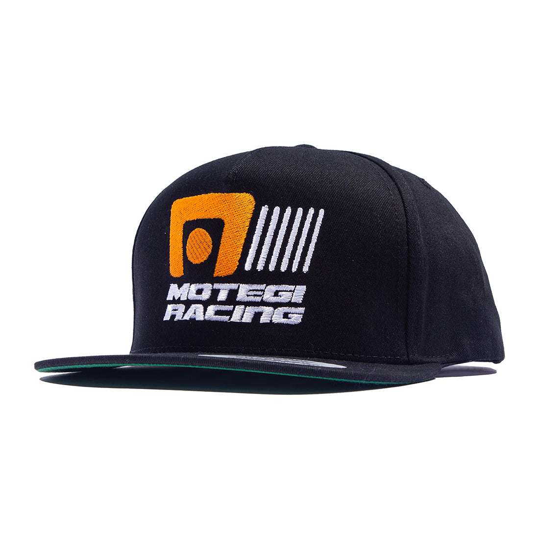 Motegi Racing black snapback hat featuring a curved brim and embroidered logo on the front, displayed at an angled view.