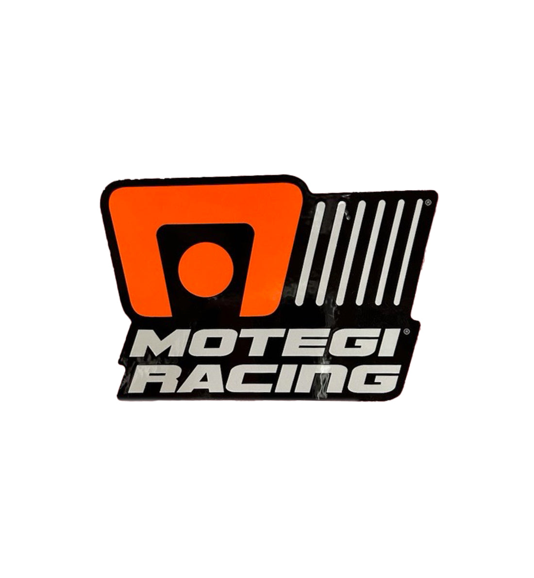 Motegi Racing sticker on a white background, featuring a bold red and black design with the brand logo and racing elements.