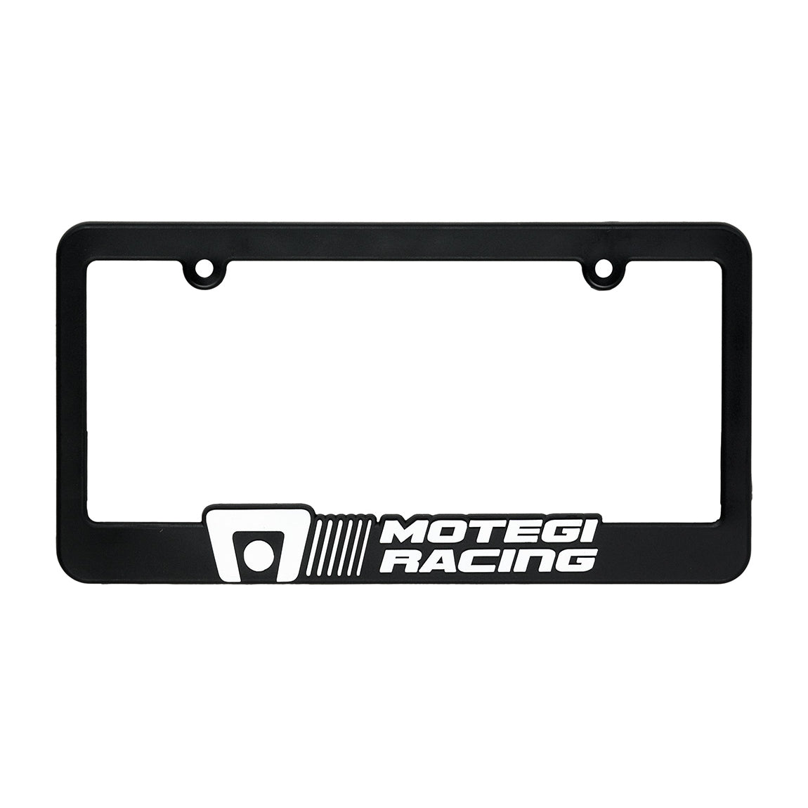 Motegi Racing black license plate frame with engraved logo and sleek design, suitable for automotive enthusiasts.
