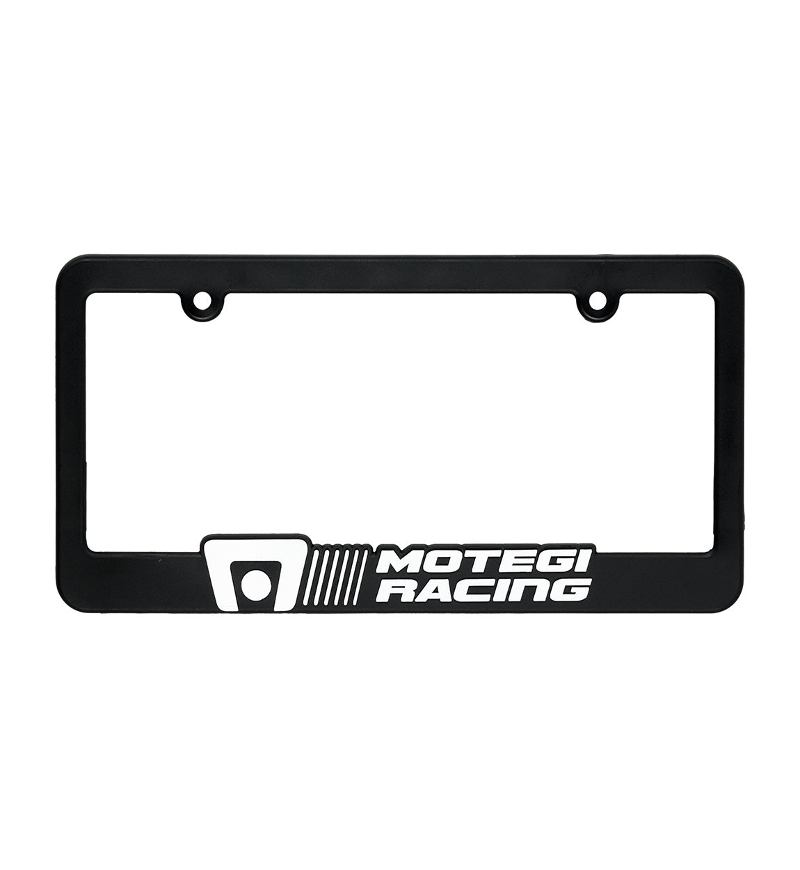 Motegi Racing black license plate frame with engraved logo and sleek design, suitable for automotive enthusiasts.