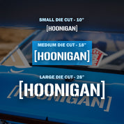 Three Hoonigan stickers in medium, large, and small die-cut sizes, featuring bold "[HOONIGAN]" text on a vehicle background.