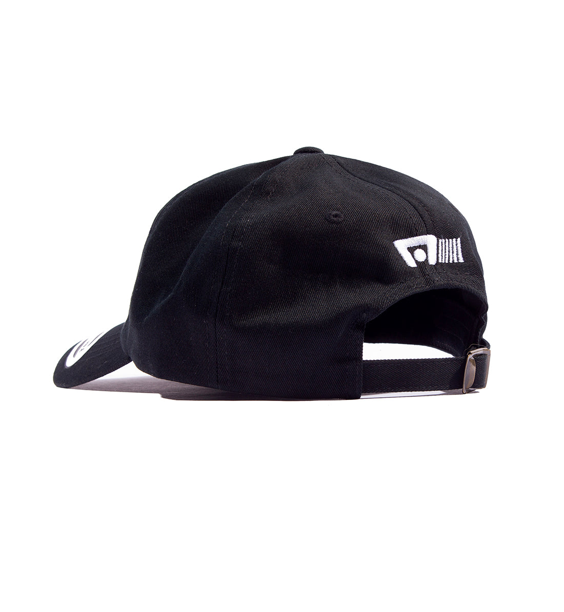 Motegi unstructured black snapback hat featuring a logo on the front, viewed from a back-angled perspective.