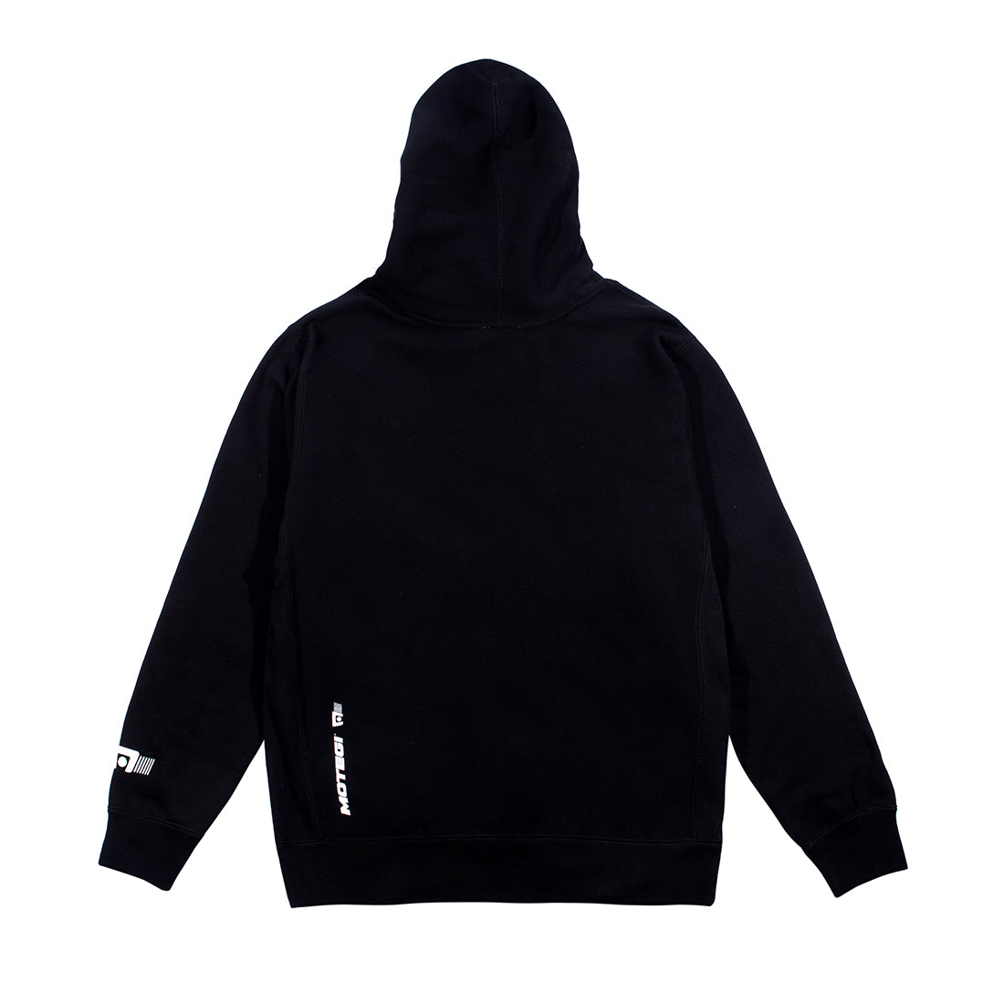 Black Motegi hoodie featuring a minimalist design, with a drawstring hood and ribbed cuffs, shown from the back.