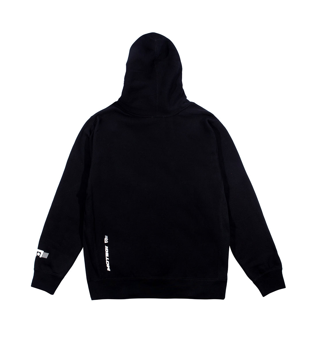 Black Motegi hoodie featuring a minimalist design, with a drawstring hood and ribbed cuffs, shown from the back.