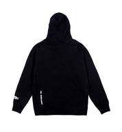 Black Motegi hoodie featuring a minimalist design, with a drawstring hood and ribbed cuffs, shown from the back.