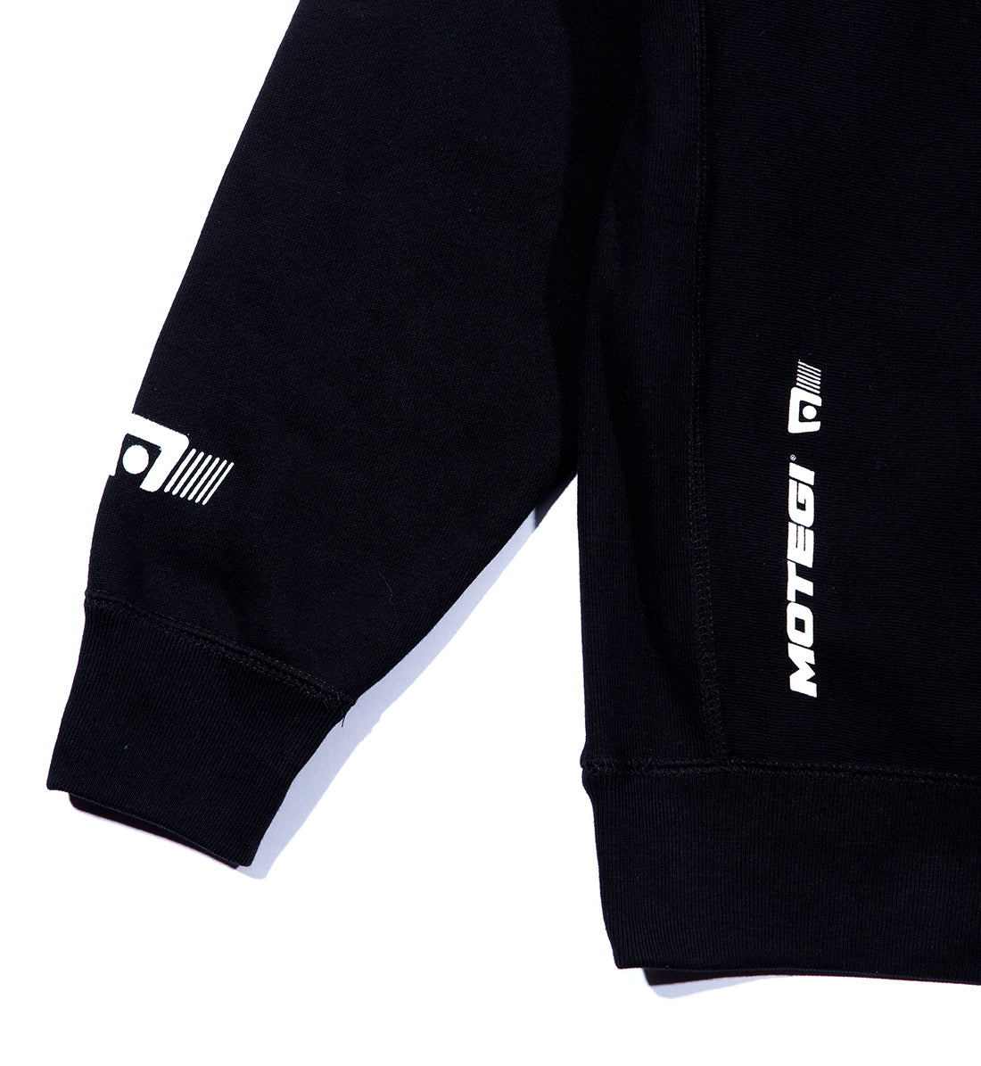 Black Motegi hoodie featuring a stylish pullover design and intricate back detail.