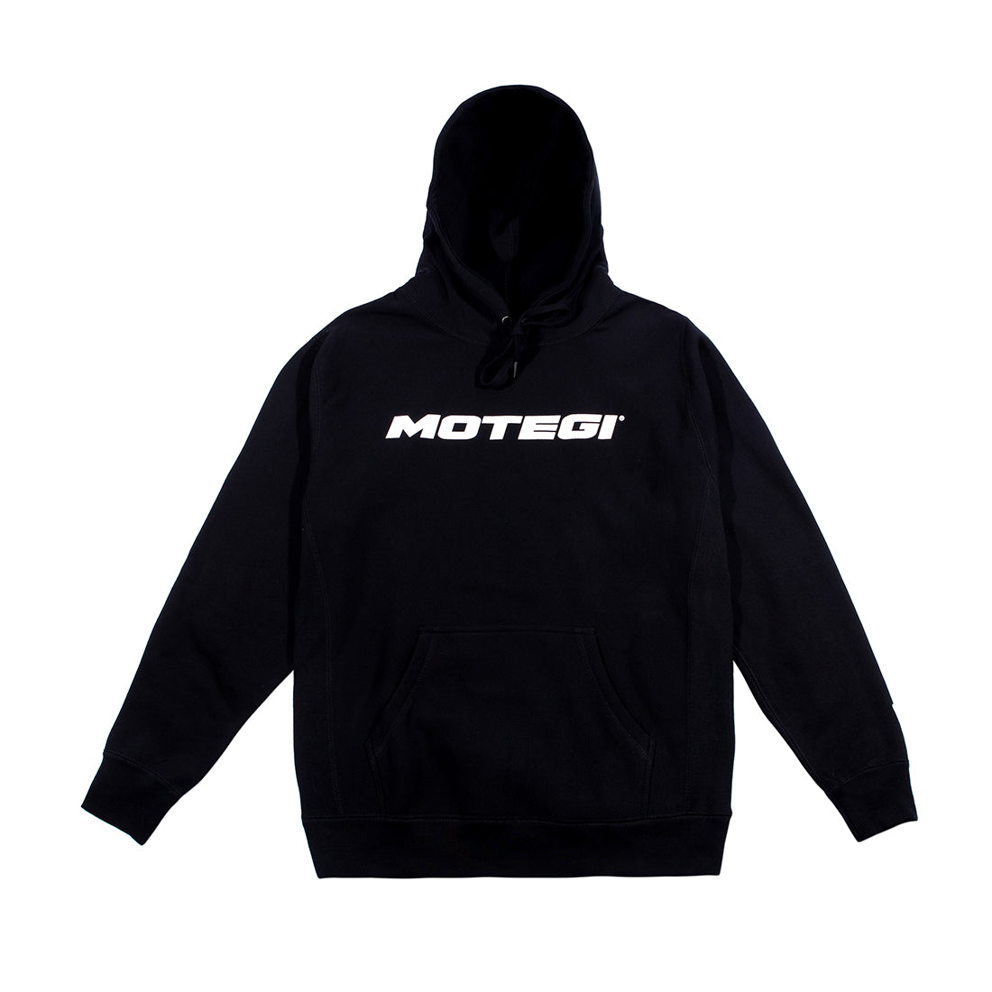 Black Motegi hoodie featuring a front pocket and drawstring hood.