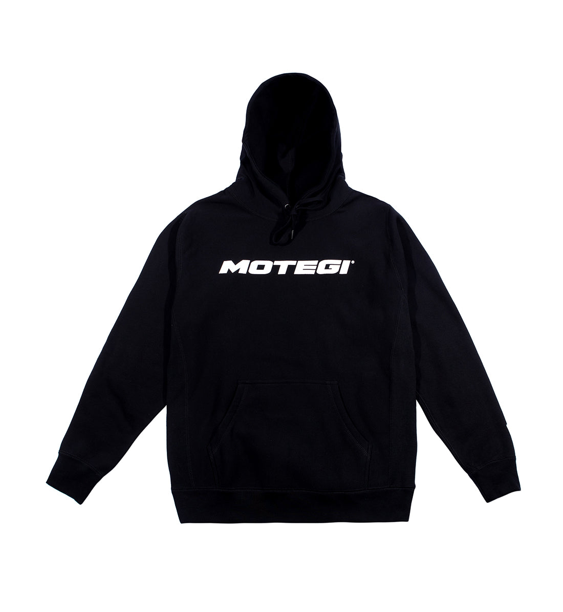 Black Motegi hoodie featuring a front pocket and drawstring hood.