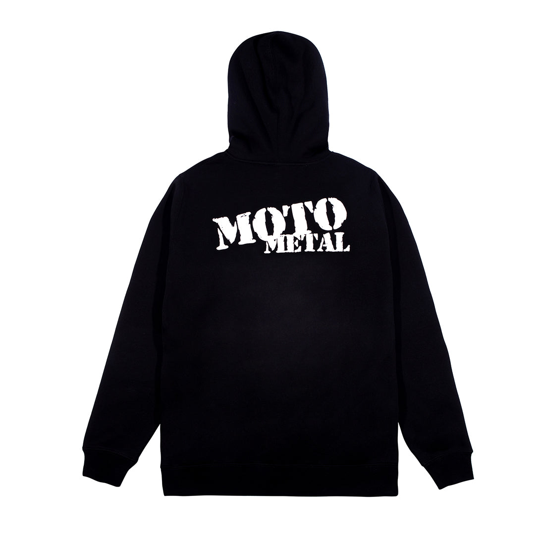 Black Moto Metal logo hoodie with a pullover design, featuring a large white logo on the back.