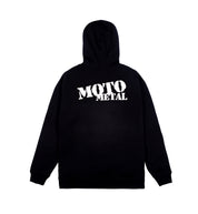 Black Moto Metal logo hoodie with a pullover design, featuring a large white logo on the back.