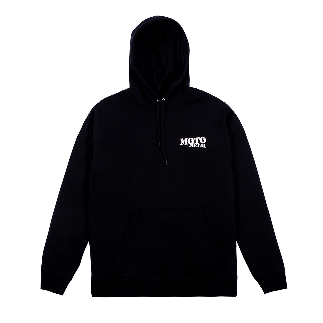 Black Moto Metal logo hoodie featuring a front pullover design with a bold white logo.