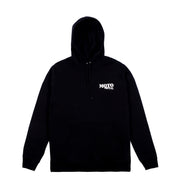 Black Moto Metal logo hoodie featuring a front pullover design with a bold white logo.