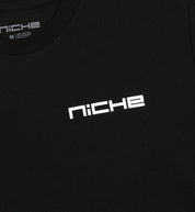Niche Logo Short Sleeve Tee in navy blue, featuring a prominent logo on the chest and a classic crew neck design.