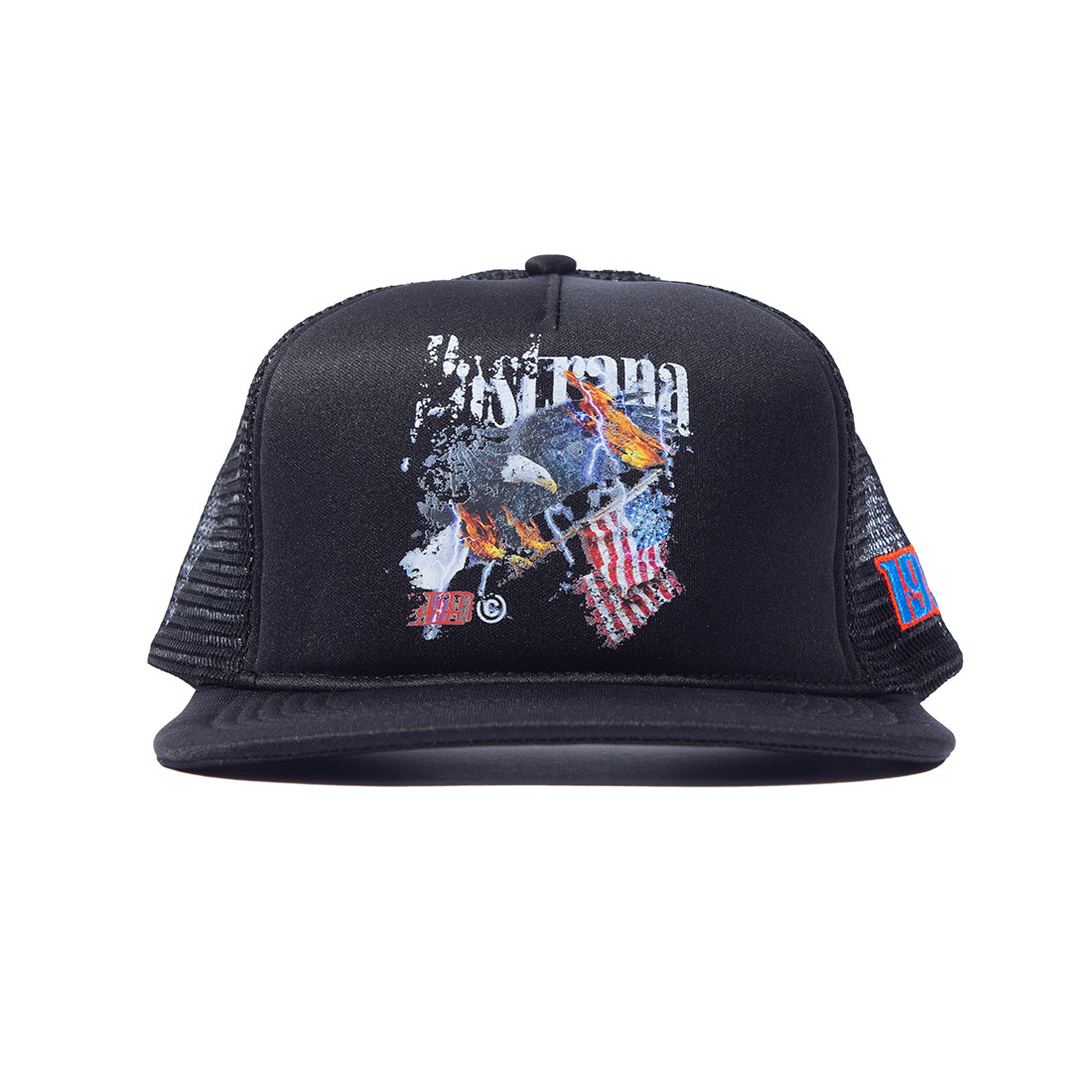 Travis Pastrana FLY HIGH black trucker hat with mesh back and front embroidered logo.