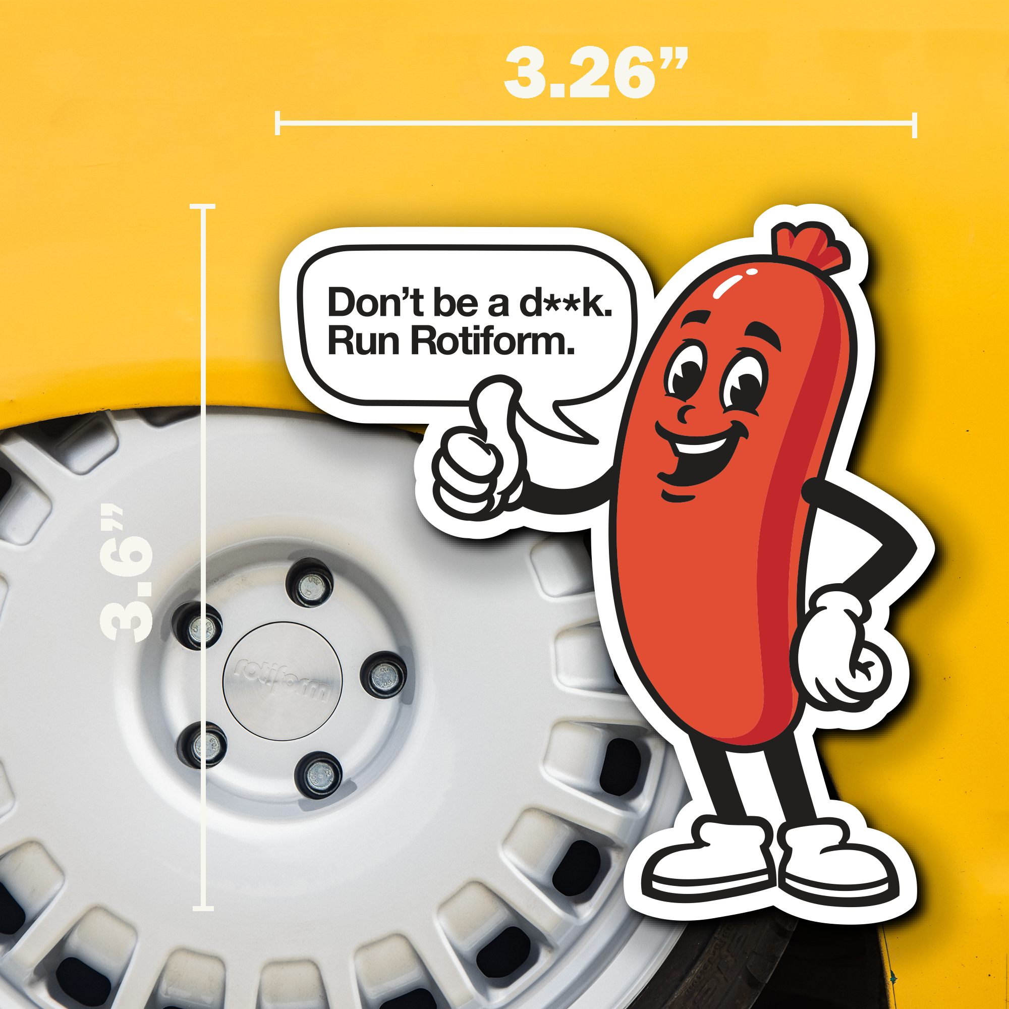 Rotiform SAUSAGE PARTY Diecut Sticker, 3.6 inches, featuring playful sausage character design on a transparent background.