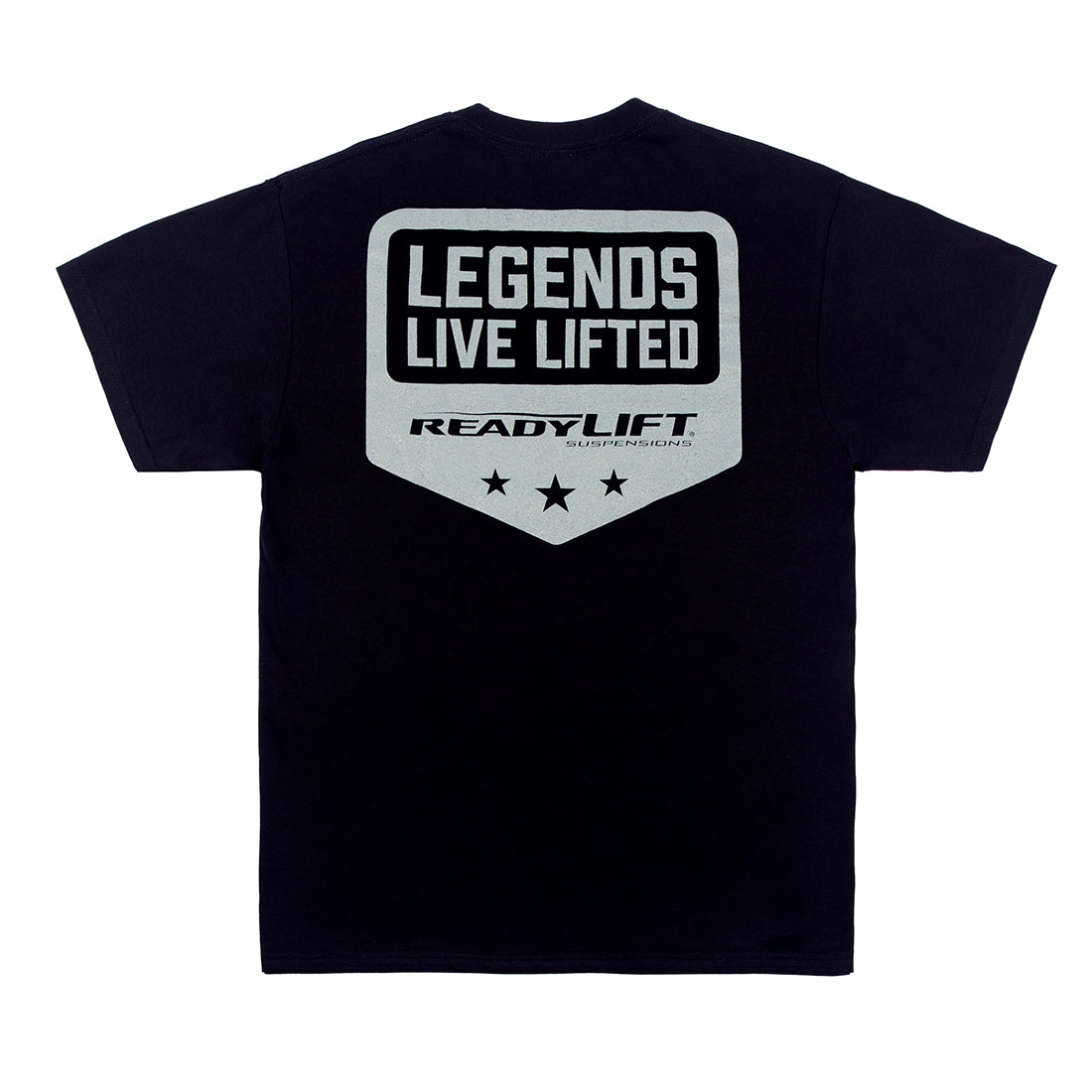Black ReadyLift LEGENDS LIVE LIFTED Short Sleeve Tee featuring a bold graphic design on the back.