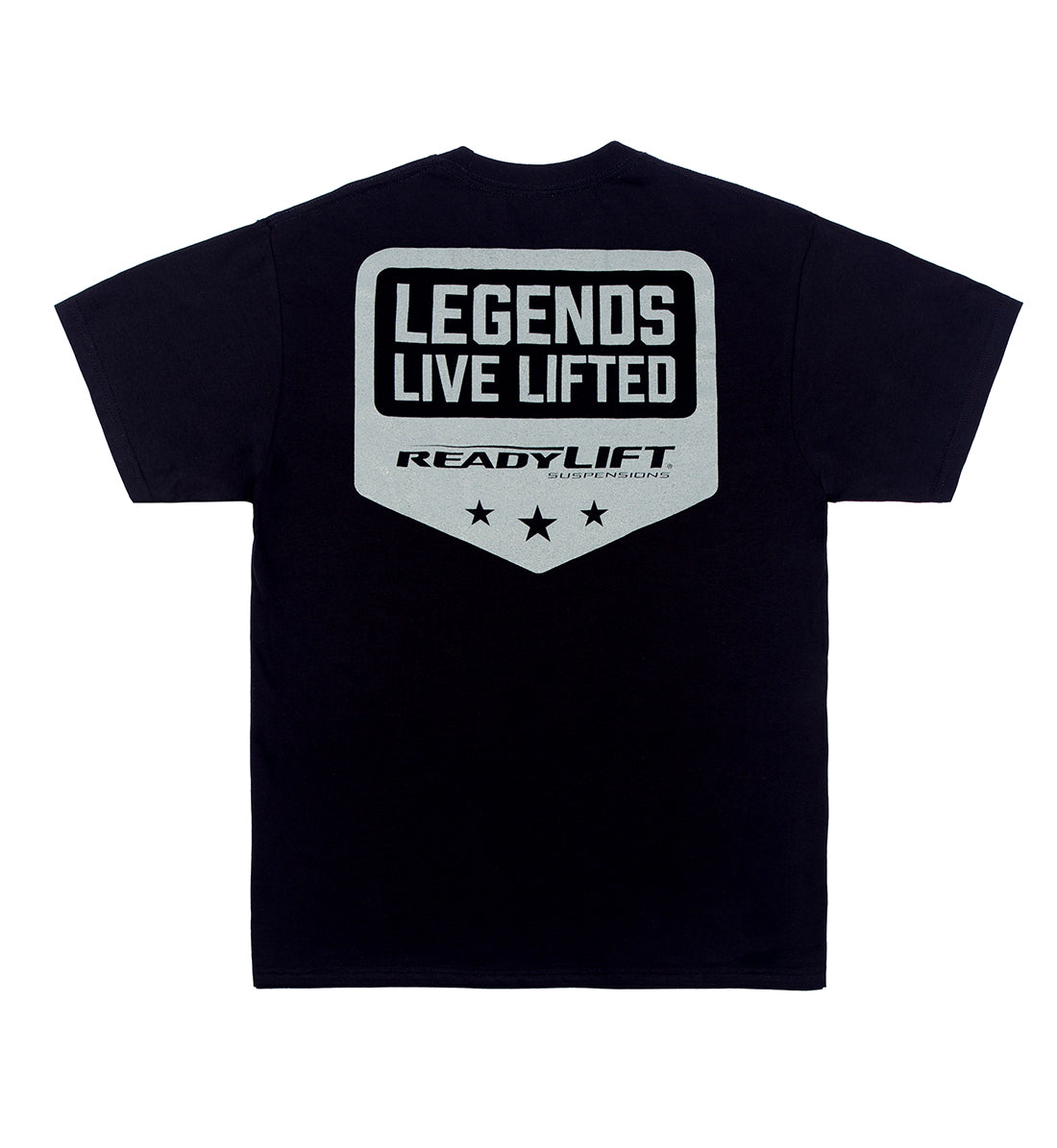 Black ReadyLift LEGENDS LIVE LIFTED Short Sleeve Tee featuring a bold graphic design on the back.