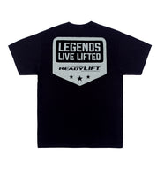 Black ReadyLift LEGENDS LIVE LIFTED Short Sleeve Tee featuring a bold graphic design on the back.