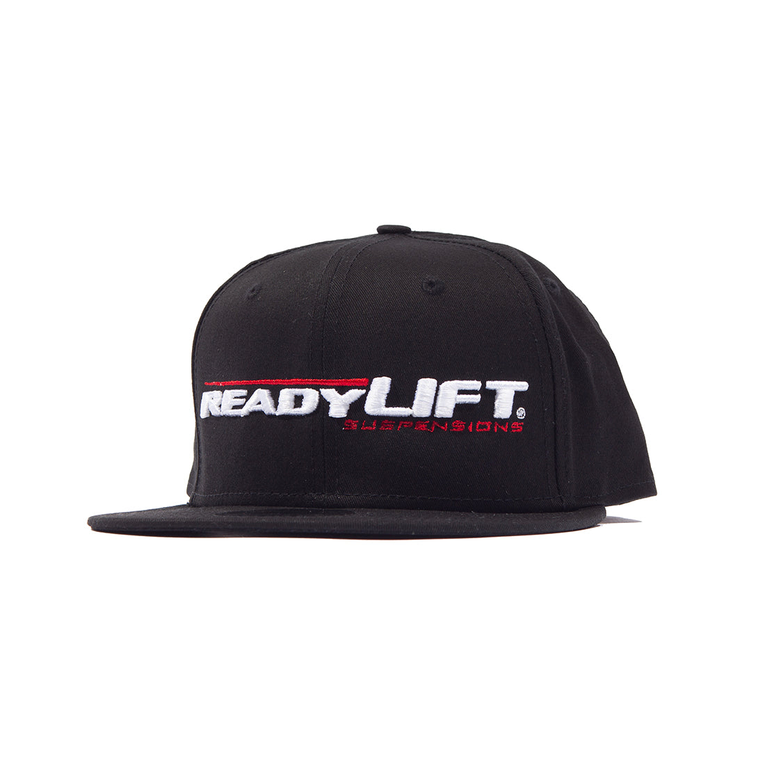 ReadyLift logo snapback hat in black, featuring a front angled view that showcases the embroidered logo on the front panel.