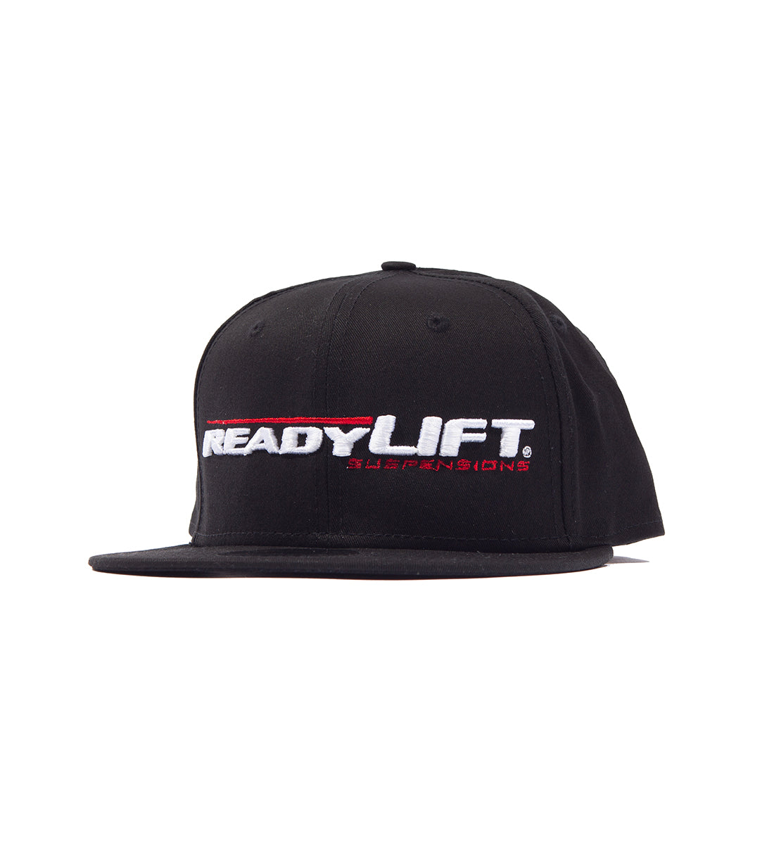 ReadyLift logo snapback hat in black, featuring a front angled view that showcases the embroidered logo on the front panel.