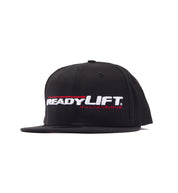 ReadyLift logo snapback hat in black, featuring a front angled view that showcases the embroidered logo on the front panel.