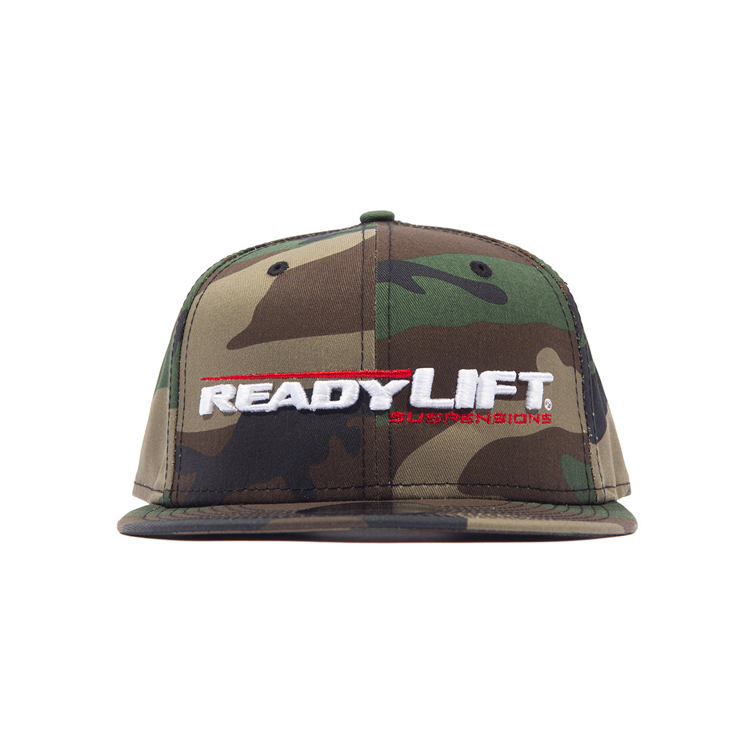 ReadyLift logo snapback hat featuring an adjustable flat brim in black with a prominent white logo on the front panel.