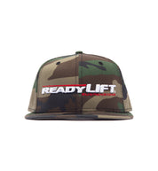 ReadyLift logo snapback hat featuring an adjustable flat brim in black with a prominent white logo on the front panel.