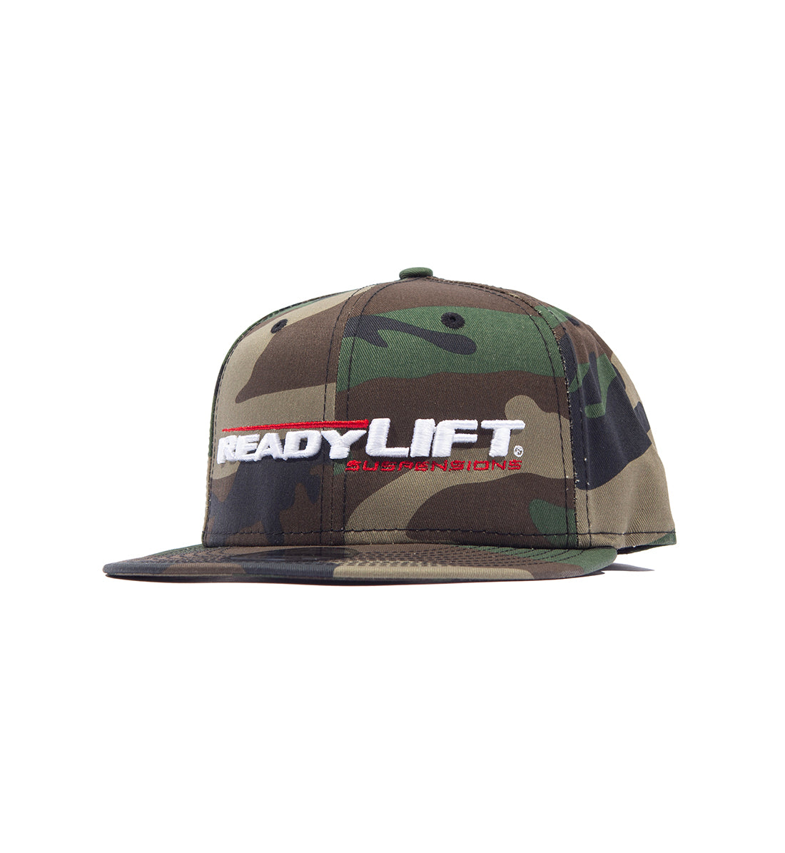 ReadyLift logo snapback hat in a stylish angle, featuring a bold embroidered logo on the front, black and gray color scheme.