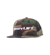 ReadyLift logo snapback hat in a stylish angle, featuring a bold embroidered logo on the front, black and gray color scheme.