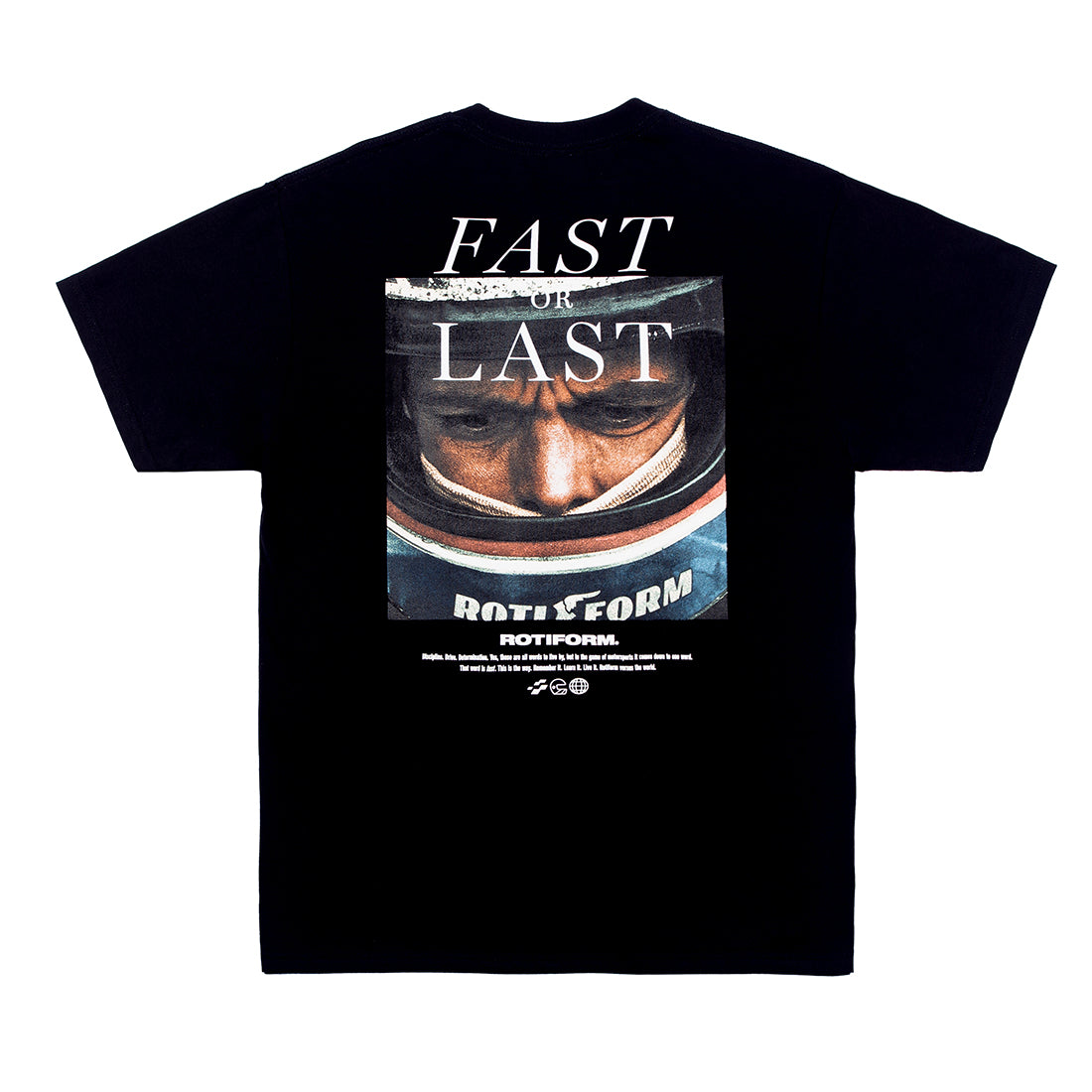 Black Rotiform FAST OR LAST short sleeve tee featuring a large graphic design on the back, showcasing a stylized logo and unique artwork.